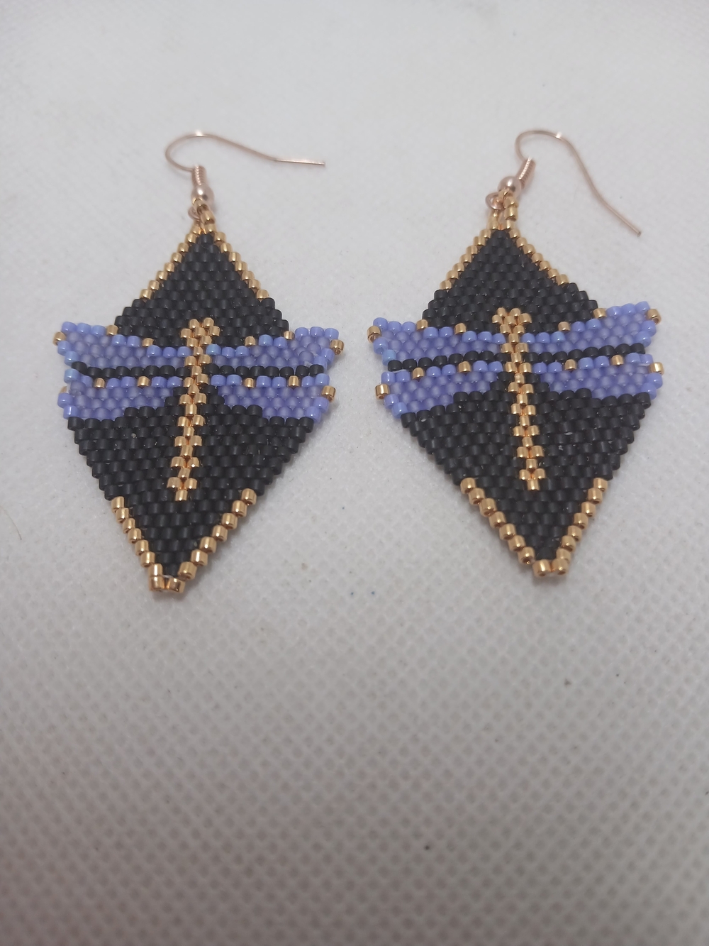 Black and Lavender Beaded Dragonfly Earrings with Gold Accents